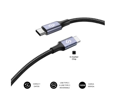 Subblim Cable Plus USB-C - 100W - Nylon Trenzado - 480Mbps - Chip E-Marker - 1 Metro - Color Negro