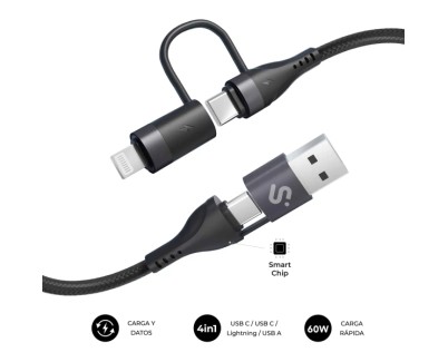 Subblim Cable Top 4 en 1 - USB-A USB-C Lightning - 60W - Nylon Trenzado - Carga Rapida - 1 Metro