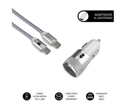 Subblim Cargador Coche Dual PD20W+QC3.0+C to C/Lightning cable - 20W - Carga r&aacute;pida simult&aacute;nea - Cable USB C reversible - Color Plata