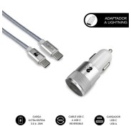 Subblim Cargador Coche Dual PD20W+QC3.0+C to C/Lightning cable - 20W - Carga rápida simultánea - Cable USB C reversible - Color Plata
