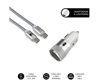 Subblim Cargador Coche Dual PD20W+QC3.0+C to C/Lightning cable - 20W - Carga rápida simultánea - Cable USB C reversible - Color Plata