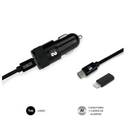 Subblim Cargador Coche Dual PD20W+QC3.0+C to C/Lightning cable - Carga Rápida - 2 Puertos USB C + USB A - Cable USB C reversible con adaptador Lightning - Potencia máxima 20W - Color Negro