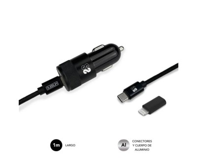 Subblim Cargador Coche Dual PD20W+QC3.0+C to C/Lightning cable - Carga Rápida - 2 Puertos USB C + USB A - Cable USB C reversible con adaptador Lightning - Potencia máxima 20W - Color Negro