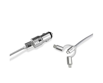 Subblim Cargador de coche doble USB - Longitud 1m - Carga r&aacute;pida hasta 2.400Amp/12W - Exterior de fibra de nailon resistente - Color Plata