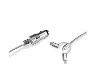 Subblim Cargador de coche doble USB - Longitud 1m - Carga rápida hasta 2.400Amp/12W - Exterior de fibra de nailon resistente - Color Plata