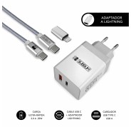 Subblim Cargador de Pared 25W - 2 Puertos (USB C + USB A) - Carga ultra rápida - Cable USB C de altas prestaciones - Exterior de fibra de nailon - Longitud 1m - Color Blanco