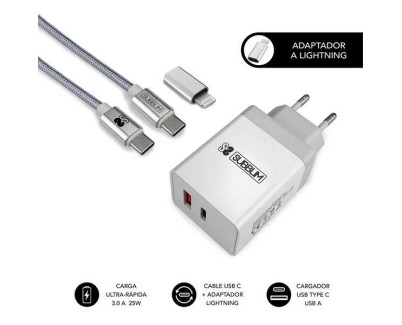 Subblim Cargador de Pared 25W - 2 Puertos (USB C + USB A) - Carga ultra rápida - Cable USB C de altas prestaciones - Exterior de fibra de nailon - Longitud 1m - Color Blanco