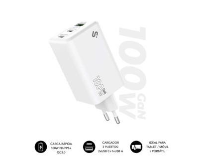 Subblim Cargador de Pared GaN 100W - 3 Puertos (2xUSB-C + 1xUSB-A) -  Carga ultra r&aacute;pida - Color Blanco