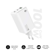 Subblim Cargador de Pared GaN 100W - 3 Puertos (2xUSB-C + 1xUSB-A) -  Carga ultra rápida - Color Blanco