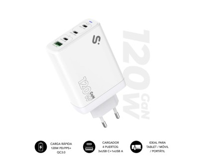 Subblim Cargador de Pared GaN 120W - 4 Puertos (3xUSB-C + 1xUSB-A) -  Carga ultra r&aacute;pida - Color Blanco