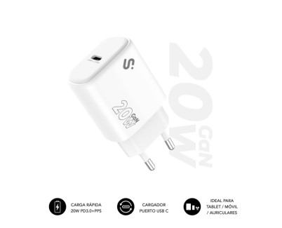 Subblim Cargador de Pared GaN 20W - USB-C -  Carga r&aacute;pida - Color Blanco