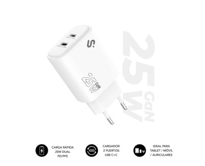 Subblim Cargador de Pared GaN 25W - 2xUSB-C -  Carga rápida - Color Blanco