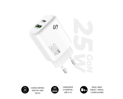 Subblim Cargador de Pared GaN 25W - USB-C + USB-A -  Carga r&aacute;pida - Color Blanco