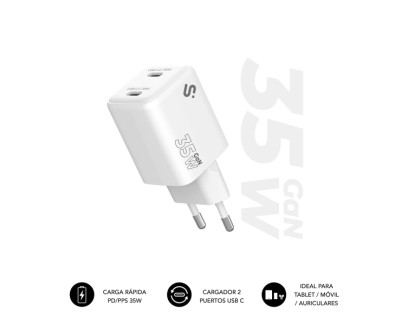 Subblim Cargador de Pared GaN 35W - 2xUSB-C -  Carga r&aacute;pida - Color Blanco