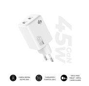 Subblim Cargador de Pared GaN 45W - 2xUSB-C -  Carga Ultra rápida - Color Blanco