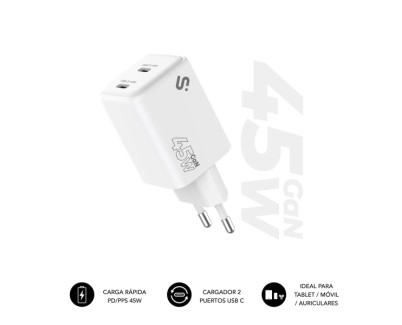 Subblim Cargador de Pared GaN 45W - 2xUSB-C -  Carga Ultra rápida - Color Blanco