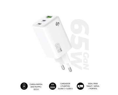 Subblim Cargador de Pared GaN 65W - 3 Puertos (2xUSB-C + 1xUSB-A) -  Carga ultra r&aacute;pida - Color Blanco