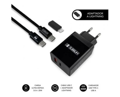 Subblim Cargador dom&eacute;stico de 2 puertos - 25W - Carga r&aacute;pida PD 3.0/2.0/Quick Charge 3.0 4.0 2.0 - Cable USB C reversible - Color Negro
