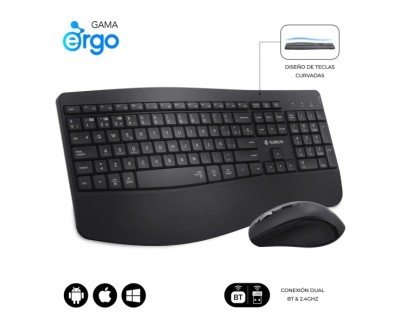Subblim Dual Office Prowave Black Pack de Teclado Ergonomico + Raton 3200dpi Inalambricos Bluetooth 5.3 y Receptor USB - Bateria Recargable - Color Negro