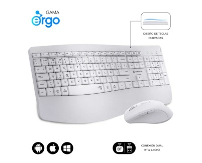 Subblim Dual Office Prowave White Pack de Teclado Ergonomico + Raton 3200dpi Inalambricos Bluetooth 5.3 y Receptor USB - Bateria Recargable - Color Blanco