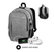 Subblim Mochila Urban Lock System - para Portatiles de hasta 16\" - Bloqueo Antirrobo - Correas Ergonomicas - Espalda con Sistema Airflow - Doble Cremallera - Bolsillos Laterales de Malla - Puerto USB - Salida de Auriculares - Color Gris