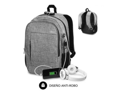 Subblim Mochila Urban Lock System - para Portatiles de hasta 16\" - Bloqueo Antirrobo - Correas Ergonomicas - Espalda con Sistema Airflow - Doble Cremallera - Bolsillos Laterales de Malla - Puerto USB - Salida de Auriculares - Color Gris