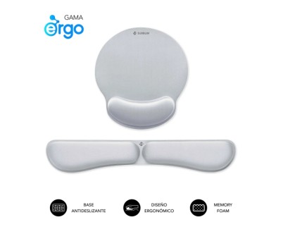 Subblim Pack Ergo MemoryFlex Alfombrilla Ergonomica para Raton y Reposamuñecas Teclado - Espuma Elastica - Microtexturizada Impermeable - Base Antideslizante - Color Plata