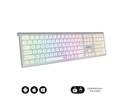 Subblim Teclado Inalambrico Master - Bluetooth y 2.4G - Iluminado - Teclas Ergonomicas de Bajo Perfil - Color Blanco Plata