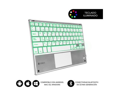 Subblim Teclado Retroiluminado Ultrafino SMART BT - TouchPad - Iluminación Hasta 7 Colores Ajustables - Bluetooth 3.0 - Autonomia 30 dias - Color Plata