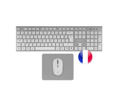 Tacens Zenith Combo Pack Inalabrico de Teclado Completo + Raton y Alfombrilla - Disposicion Francesa AZERTY FR - Teclas Silenciosas de Perfil Bajo - Sensor de 3200dpi - Conexion Dual Link 2.4GHz - Switches HUANO - Color Blanco