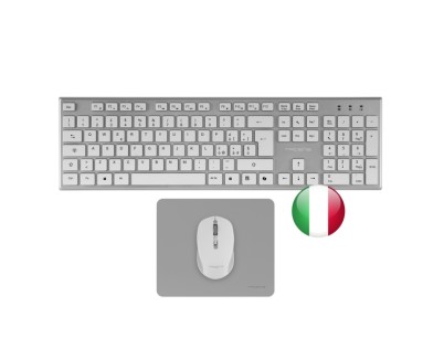 Tacens Zenith Combo Pack Inalabrico de Teclado Completo + Raton y Alfombrilla - Disposicion Italiana QWERTY IT - Teclas Silenciosas de Perfil Bajo - Sensor de 3200dpi - Conexion Dual Link 2.4GHz - Switches HUANO - Color Blanco