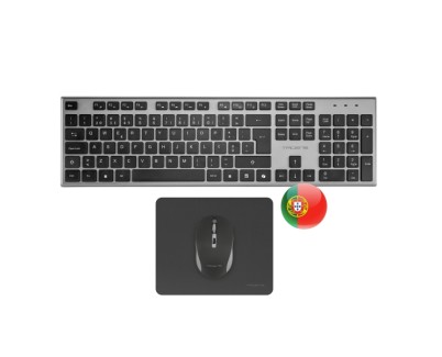 Tacens Zenith Combo Pack Inalabrico de Teclado Completo + Raton y Alfombrilla - Disposicion Portuguesa QWERTY PT - Teclas Silenciosas de Perfil Bajo - Sensor de 3200dpi - Conexion Dual Link 2.4GHz - Switches HUANO - Color Negro