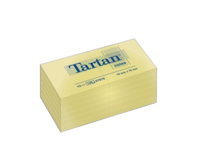 Tartan Pack de 12 Blocs de 100 Notas Adhesivas Reposicionables - 76x76mm - 100% PEFC - Color Amarillo Claro