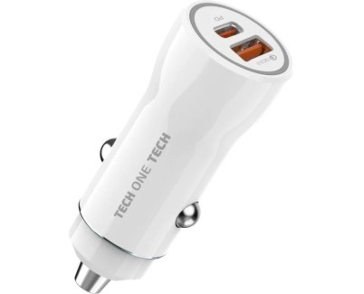 TechOneTech Cargador de Coche 1x USB-A, 1x USB-C - Salida max. 38W - Color Blanco
