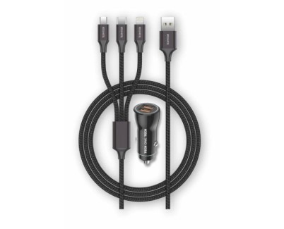 TechOneTech Cargador de Coche 2x USB-A + Cable 3 en 1 MicroUSB, Lightning y USB-C - Color Negro