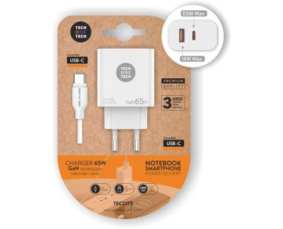 TechOneTech Cargador de Pared GaN PD 3.0 65W - Para Portatiles y Smartphones - Cable USB-C a USB-C 1m