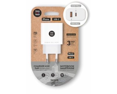 TechOneTech Cargador de Pared PD 65W con 1 Puerto USB-C + 1 Puerto USB-A