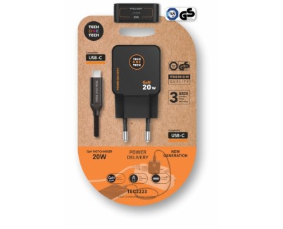 TechOneTech Cargador de Pared Ultrarr&aacute;pido GaN 20W Negro + Cable USB-C