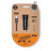 TechOneTech Cargador Doble de Coche + Cable USB-A a USB-C - Alto Rendimiento - Color Negro