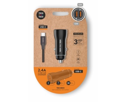 TechOneTech Cargador Doble de Coche + Cable USB-A a USB-C - Alto Rendimiento - Color Negro