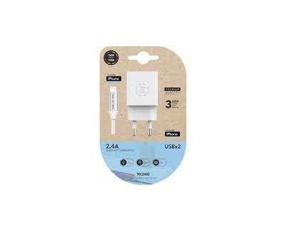 TechOneTech Cargador Doble de Pared + Cable USB-A a Lightning 1m - Recubierto de Nylon Trenzado
