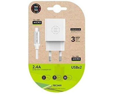 TechOneTech Cargador Doble de Pared + Cable USB-A a Micro-USB 2.4 1m - Recubierto de Nylon Trenzado