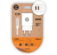 TechOneTech Cargador Doble de Pared + Cable USB-A a USB-C 1m - Recubierto de Nylon Trenzado Blanco