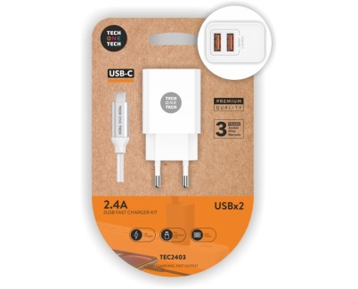 TechOneTech Cargador Doble de Pared + Cable USB-A a USB-C 1m - Recubierto de Nylon Trenzado Blanco