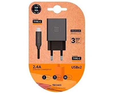 TechOneTech Cargador Doble de Pared + Cable USB-A a USB-C 1m - Recubierto de Nylon Trenzado