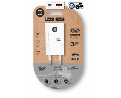TechOneTech Cargador Doble de Pared Ultrarr&aacute;pido GaN 30w USB-C+USB-A Blanco