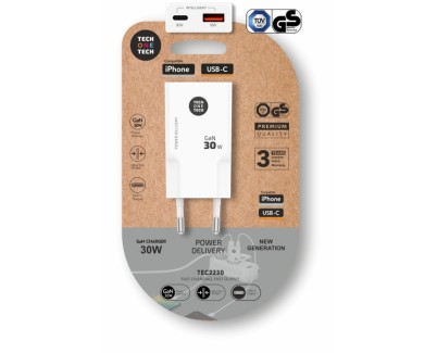 TechOneTech Cargador Doble de Pared Ultrarr&aacute;pido GaN 30w USB-C+USB-A Blanco