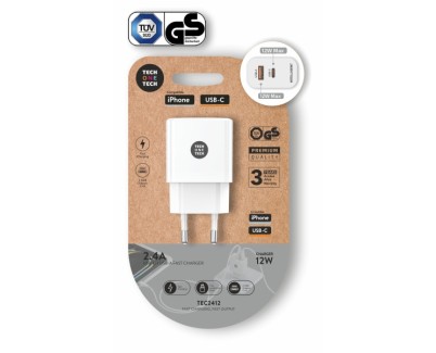 TechOneTech Cargador Doble de Pared USB-A a USB-C  12W Blanco