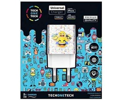 TechOneTech Emojitech Smile Cargador Doble de Pared USB-A - Alto Rendimiento