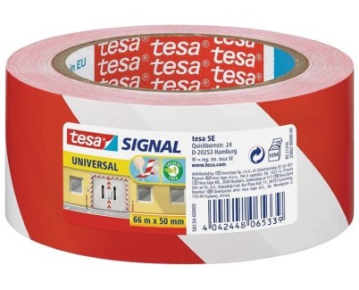 Tesa Cinta Adhesiva de Se&ntilde;alizacion 50mm x 66m - Ideal para Se&ntilde;alizar Obstaculos Permanentes - Adhesivo sin disolventes - Color Rojo/Blanco